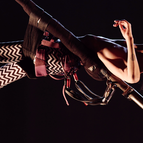 Fotoausschnitt von Diana Niepce in O OUTRO LADO DA DANÇA. Sie hängt Oberkörperfrei horizontal in der Luft, ihr Kopf ist durch den Bildauschnitt abgeschnitten.