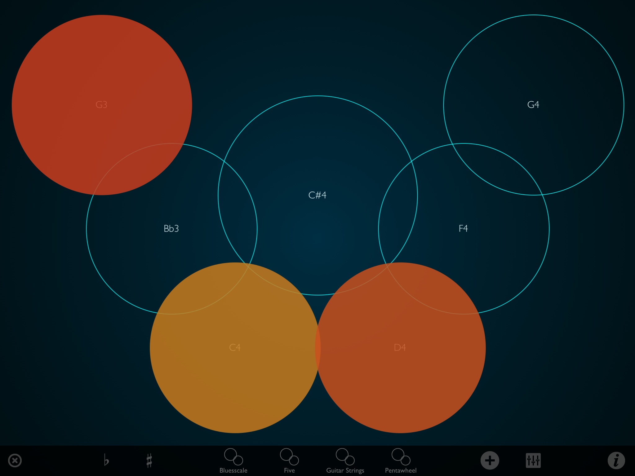 Eine Bildschirmoberfläche hat einen dunkelblauen Hintergrund, auf dem sieben unterschiedlich große Kreise sind. Drei sind orange-gelb gefüllt. Die ungefüllten Kreise haben  jeweils eine Notenbezeichnung. Unten gibt es eine Leiste, die verschiedene Funktionen ermöglicht.