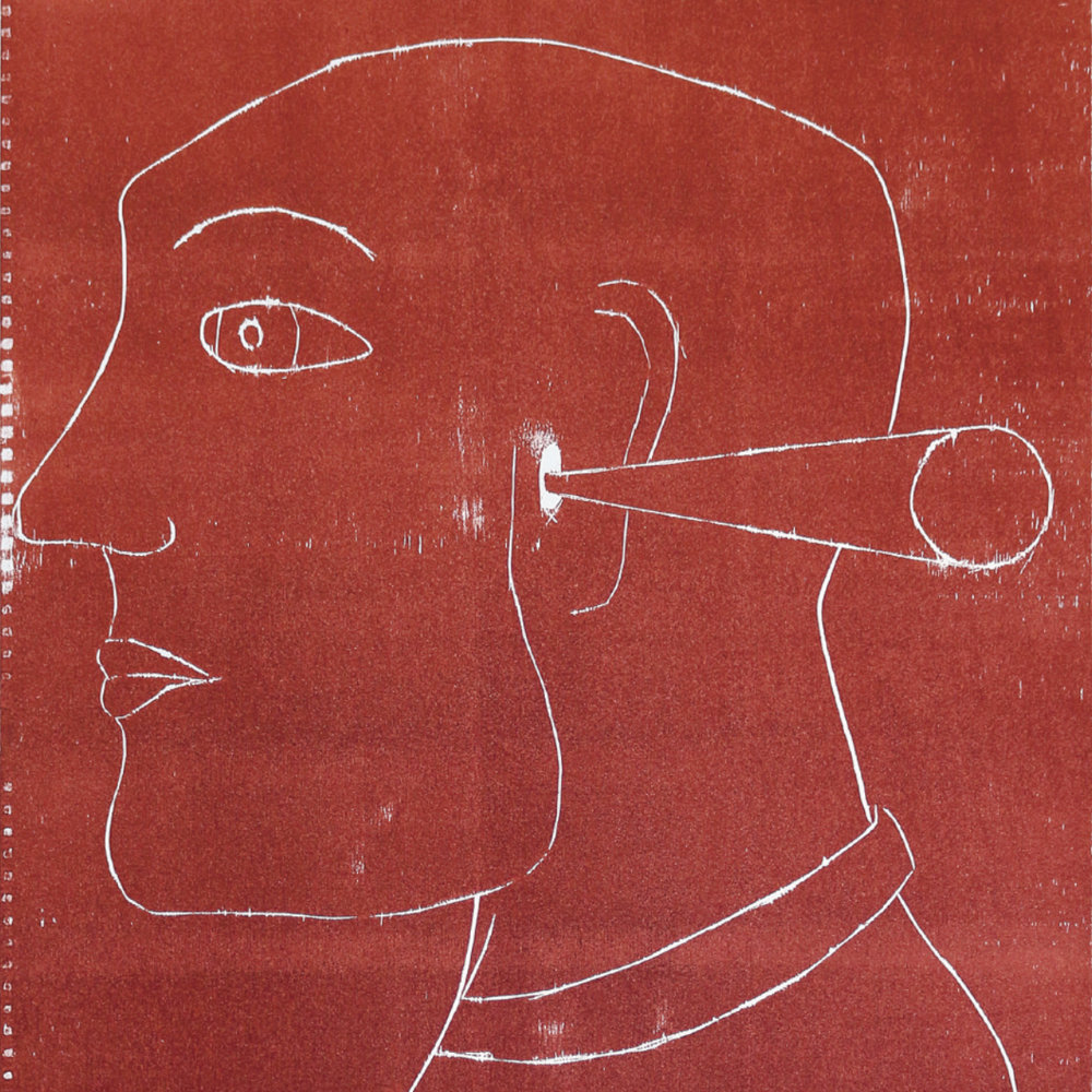  Holzschnitt von  Matthias Malleé von 2024 ohne Titel. Zu sehen ist ein Seitenportrait eines Menschens in weiß auf rotem Hintergrund.