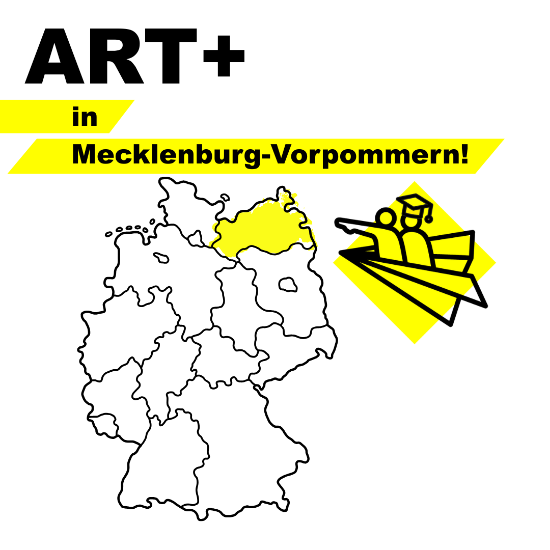 Grafik mit dem Text „ART+ in Mecklenburg-Vorpommern!“, einer Deutschlandkarte sowie einem Piktogramm von zwei Personen in einem Papierflieger.