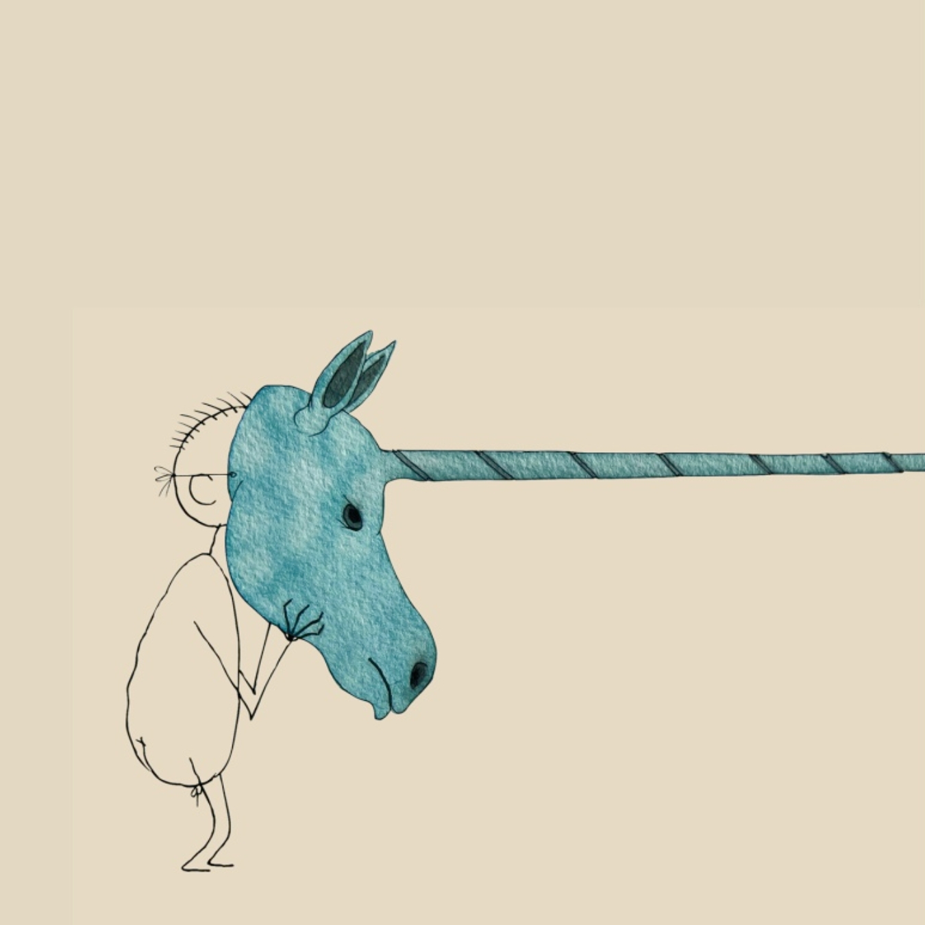 Eine gezeichnete Figur hält sich eine große Einhornmaske vors Gesicht, sodass es aussieht, als hätte sie selbst einen langen Horn.