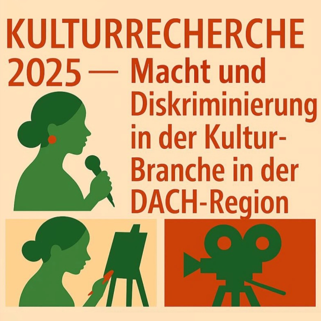 Grafik mit Text „KULTURRECHERCHE 2025 — Macht und Diskriminierung in der Kultur-Branche in der DACH-Region“ sowie Symbolen für Mikrofon, Malerei und Filmkamera.