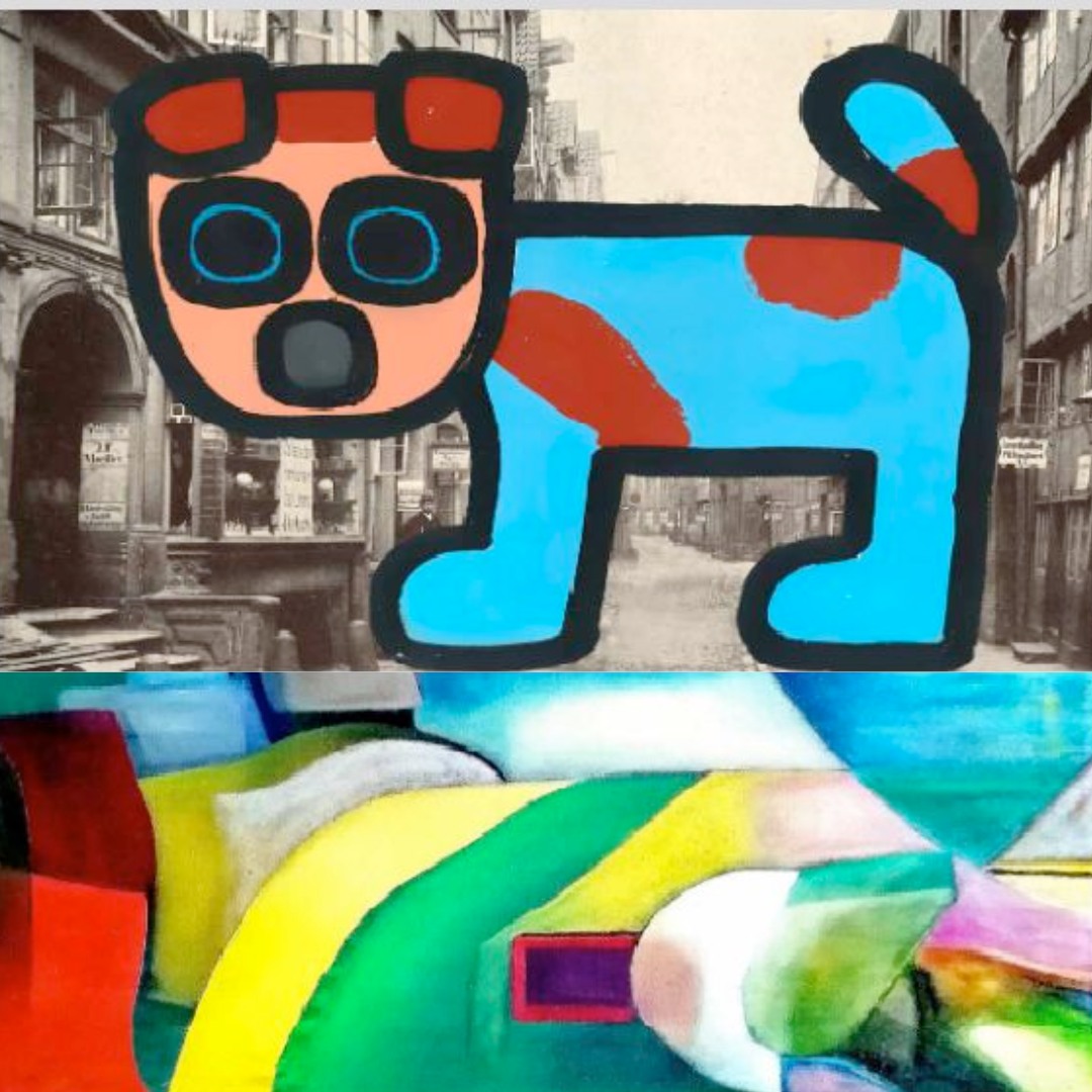 Ein blauer Cartoon-Hund vor verschwommener Straßenansicht, darunter ein abstrakter, farbenfroher Bereich mit geschwungenen Formen.