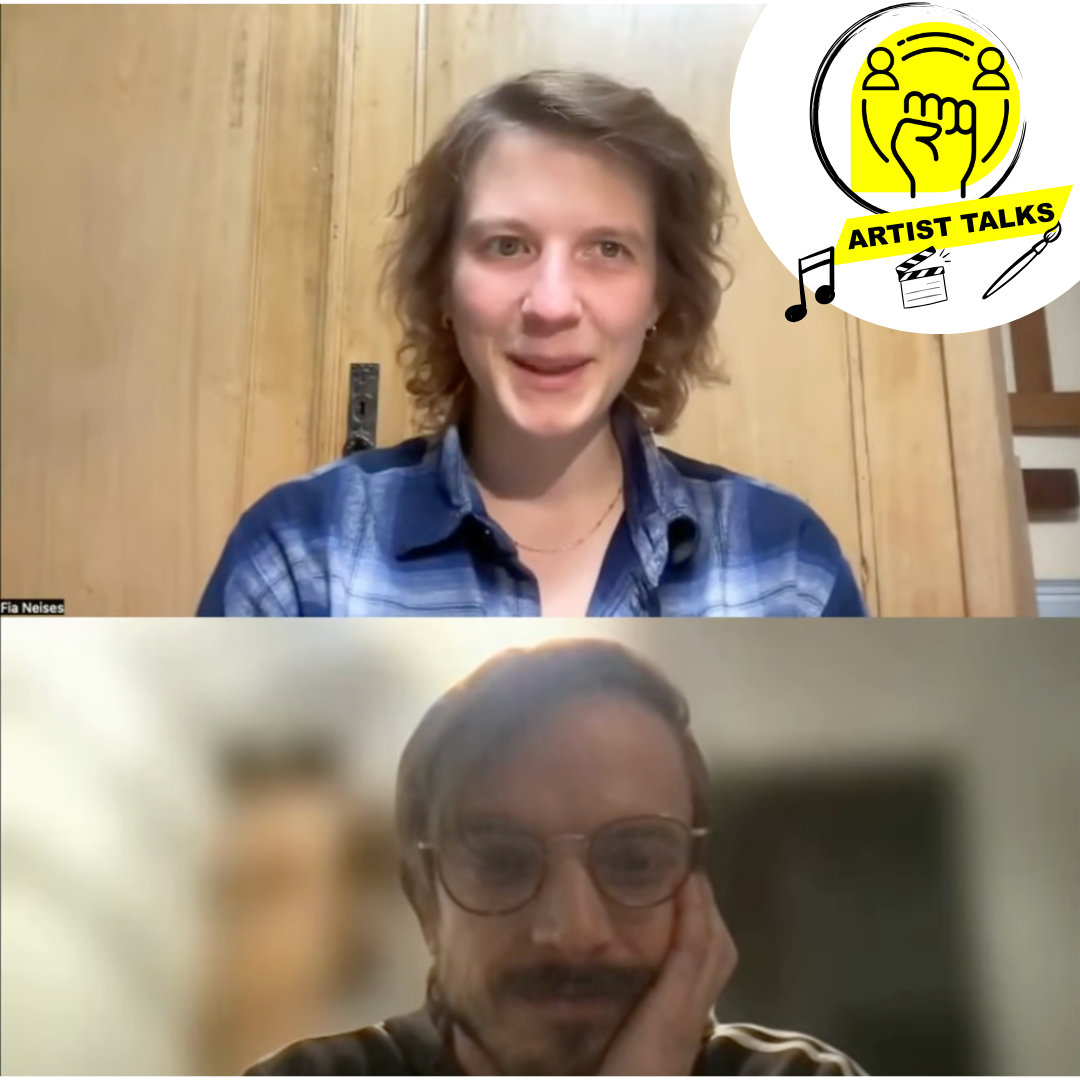 Fia Neises und Jan Kampmann in einem Video-Call, mit „Artist Talks“-Logo oben rechts.