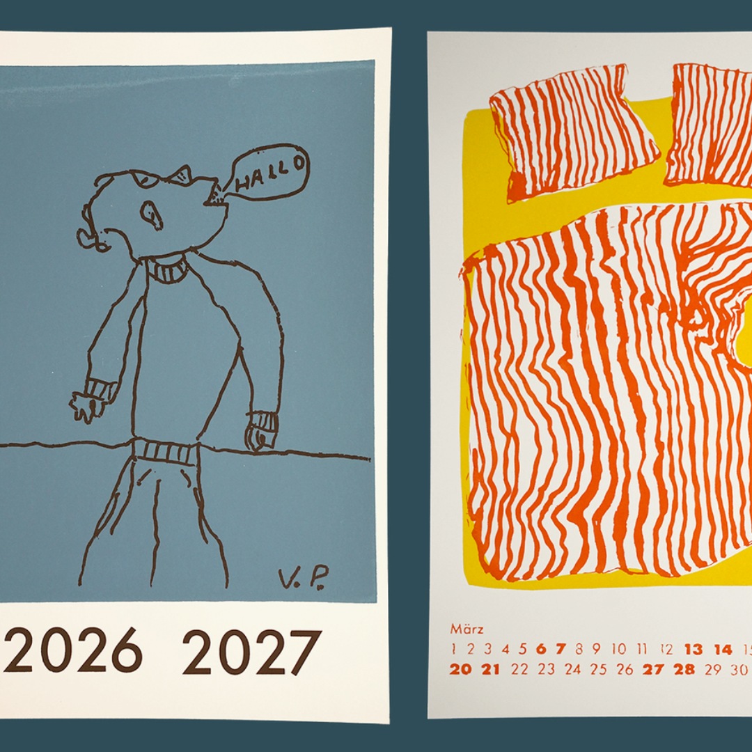 Zwei Kalenderblätter mit Figur und abstrakter Grafik.