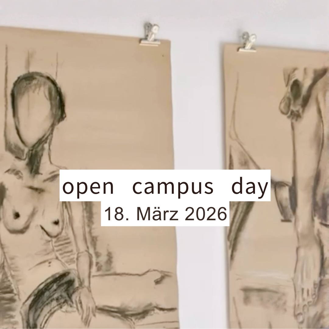 Zwei Aktzeichnungen mit Text „open campus day“, 18. März 2026.