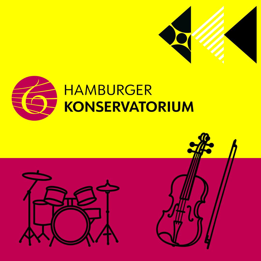 Grafik mit Logo des Hamburger Konservatoriums und Illustrationen von Musikinstrumenten auf gelb-pinken Hintergrund.