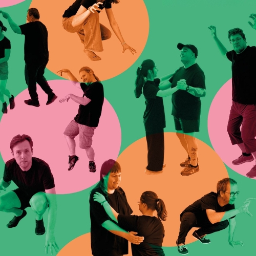 Collage mit mehreren tanzenden Menschen vor grünem Hintergrund mit rosa und orangefarbenen Kreisen.