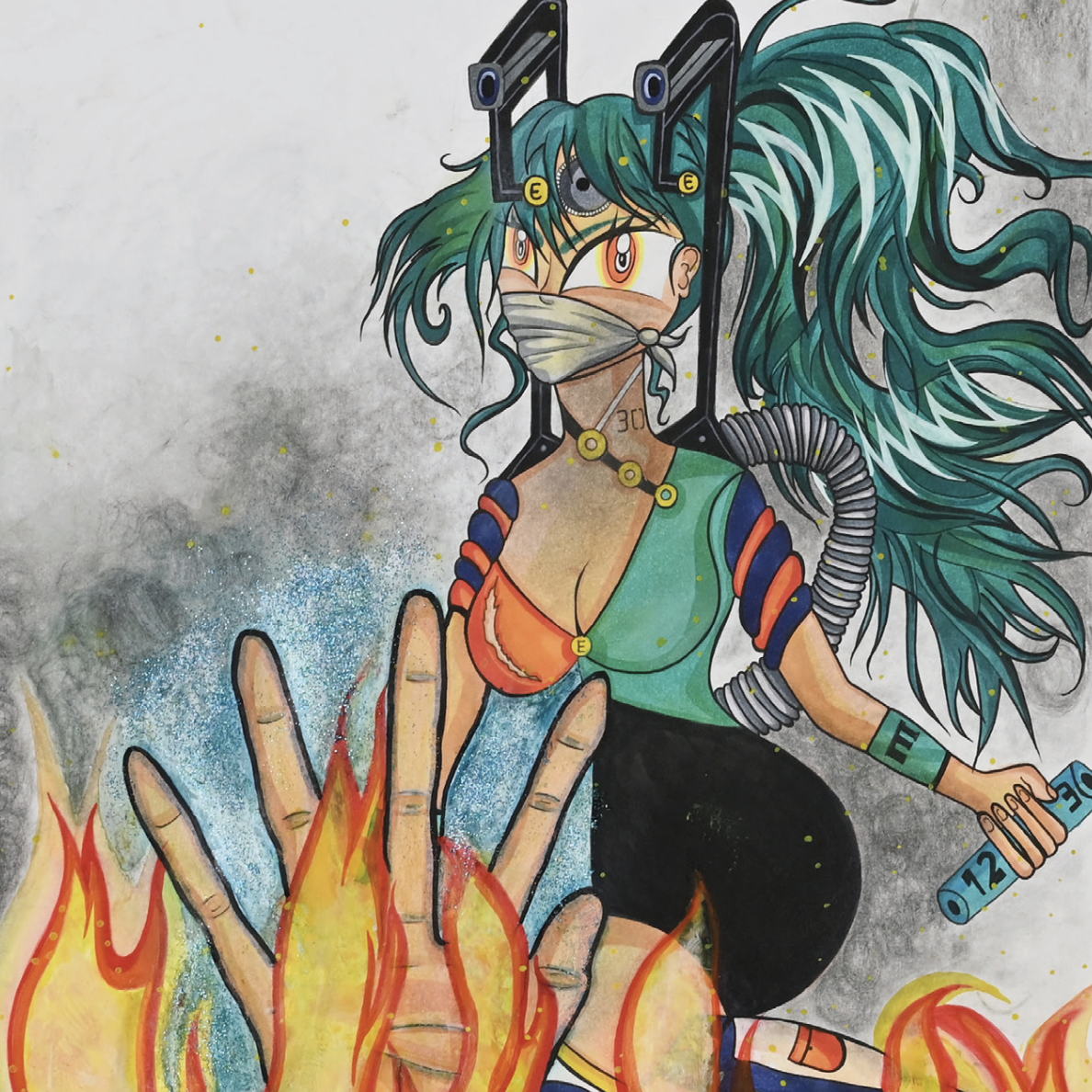Zeichnung einer Frau mit grünen Haaren und Mundschutz, Flammen im Vordergrund