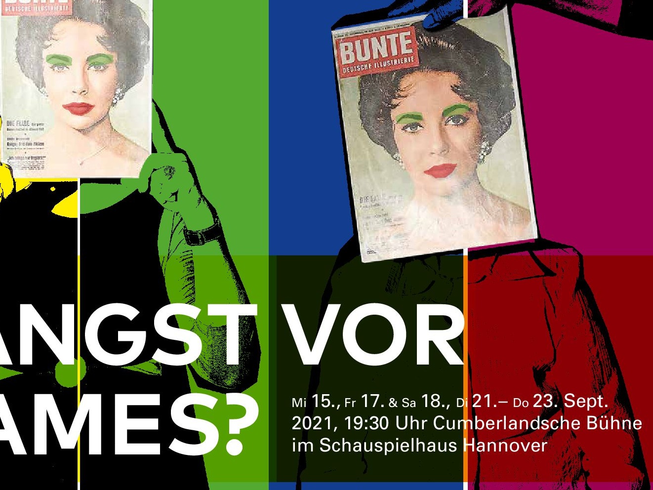Flyer im Andy-Warhol-Stil (bunter Siebdruck), Gesichter mit BUNTE-Magazin bedeckt, auf dem Liz Taylor abgebildet ist