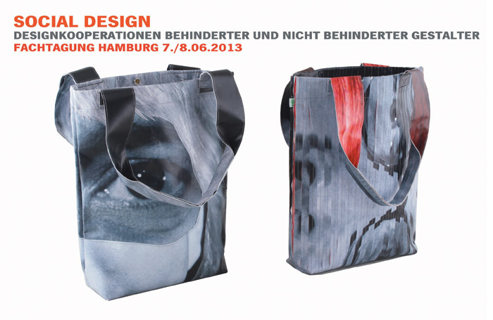 Social Design, Designkooperationen behinderter und nichtbehinderter Gestalter, Fachtagung Hamburg 7./8.6.2013, Foto von zwei Taschen aus recyceltem Material