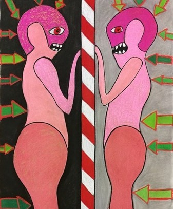 Bild „“ von …., Malerei von zwei einfach dargestellten Menschen, die durch eine Linie getrennt, einander anschauen und nicht anschauen